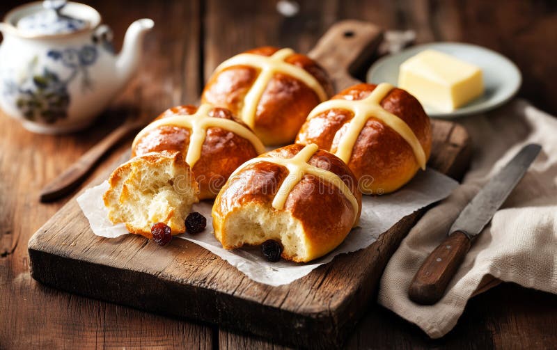 Varm 'Hot Cross Buns' på ett Rustic Wooden Board stock illustrationer