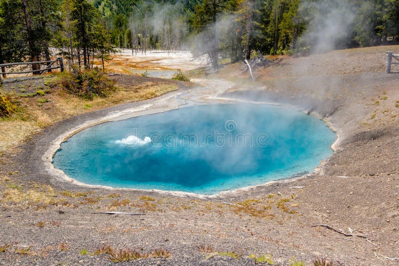 Varm termisk vår i Yellowstone. Varm för svartsand för termisk vår pöl i den Yellowstone nationalparken, gammalt troget område, Wyoming, USA