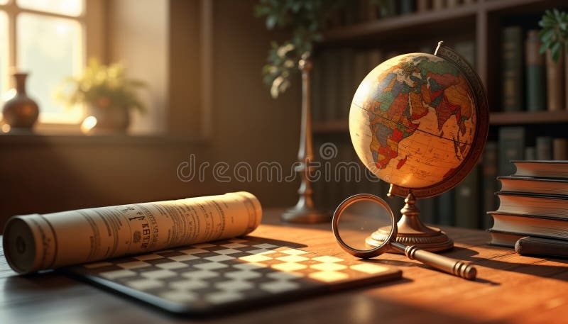 Varmt ljus tänder vintage globe chessboard förstoring glass, gamla rullar. Lättsinnig ambitioner i studien. antik royaltyfri illustrationer