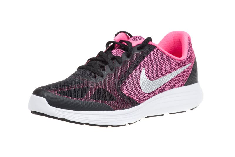 VARNA BULGARIENstudio sköt - APRIL 5, 2016: Rinnande sko för NIKE REVOLUTION som isoleras på vit bakgrund, produktskott fotografering för bildbyråer VARNA BULGARIENstudio sköt - APRIL 5, 2016: Rinnande sko för NIKE REVOLUTION som isoleras på vit bakgrund, produktskott fotografering för bildbyråer