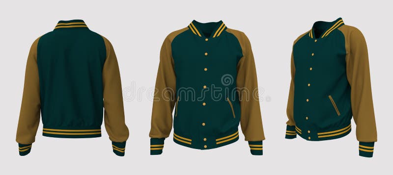 Varsity Jacket Mockup in Front, Side and Back Views. 3d Illustration ...