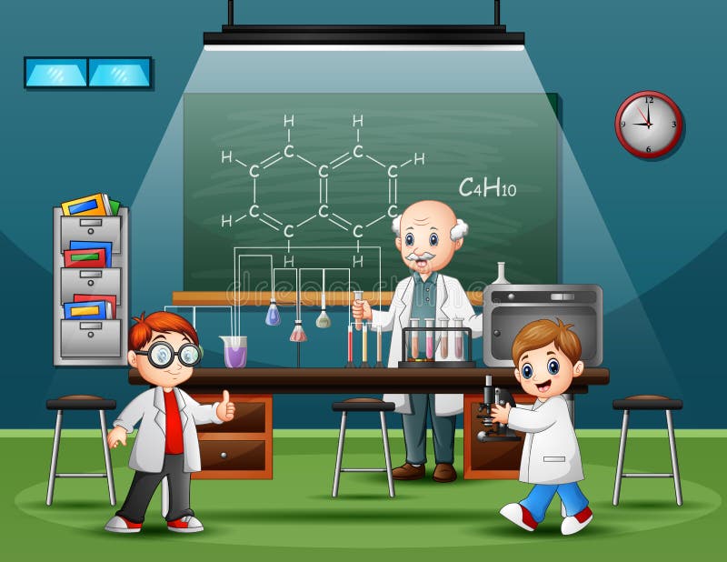Illustration of Scientist male in the laboratory room with childrens