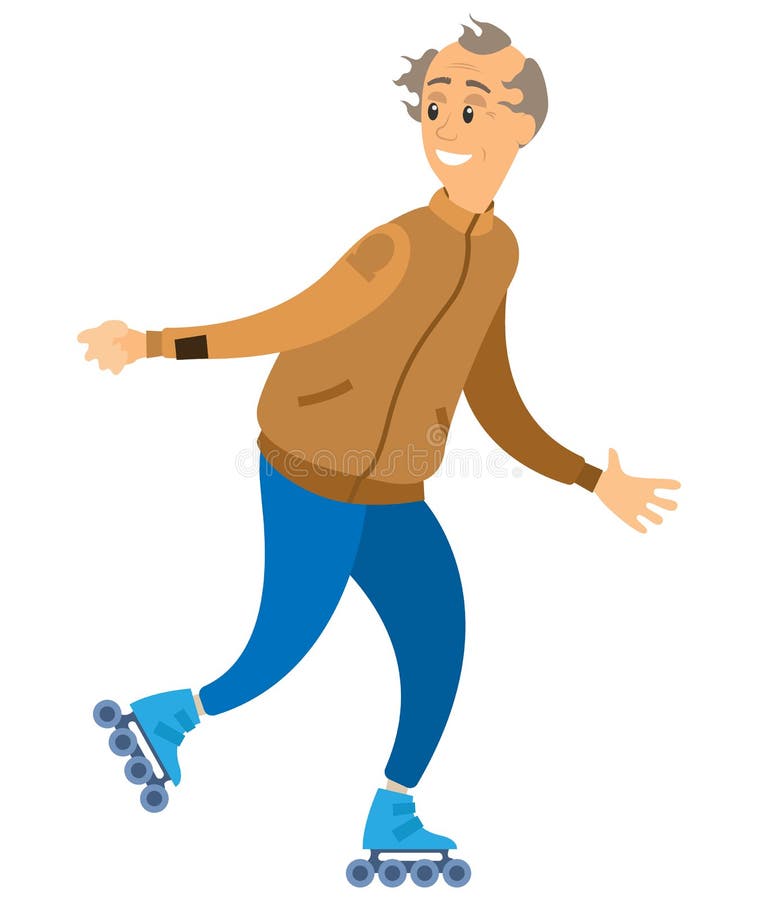 Varón envejecido sonriente Rollerblading, vector del deporte ilustración del vector