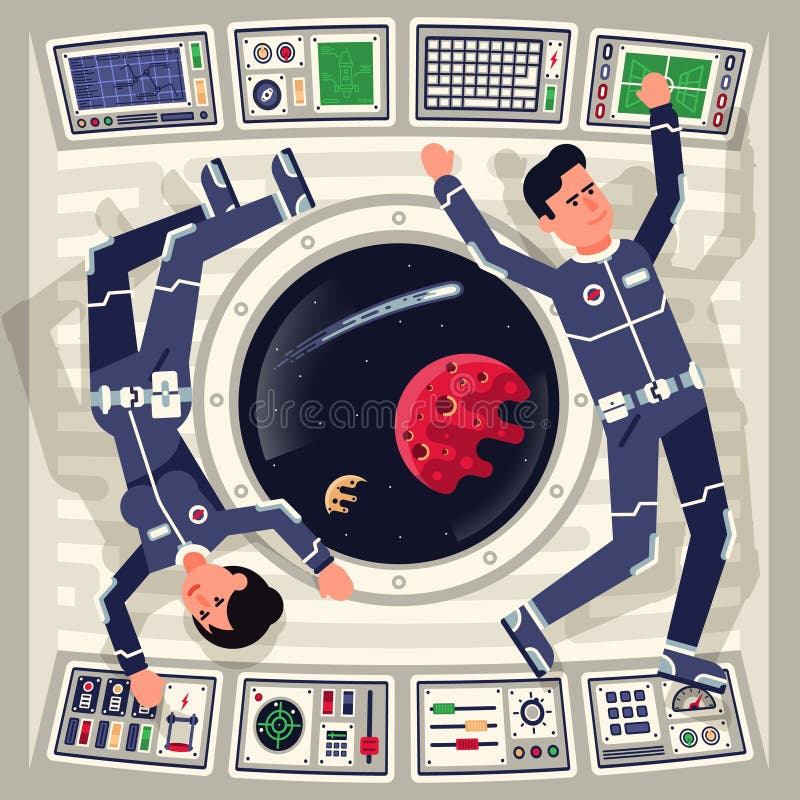 Varón y astronautas de sexo femenino en la gravedad cero en una nave espacial libre illustration Varón y astronautas de sexo femenino en la gravedad cero en una nave espacial libre illustration