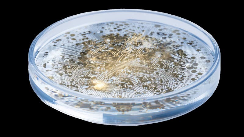 Vas Petri care conține microcip futurist scufundat în lichid pe fond transparent royalty free stock image
