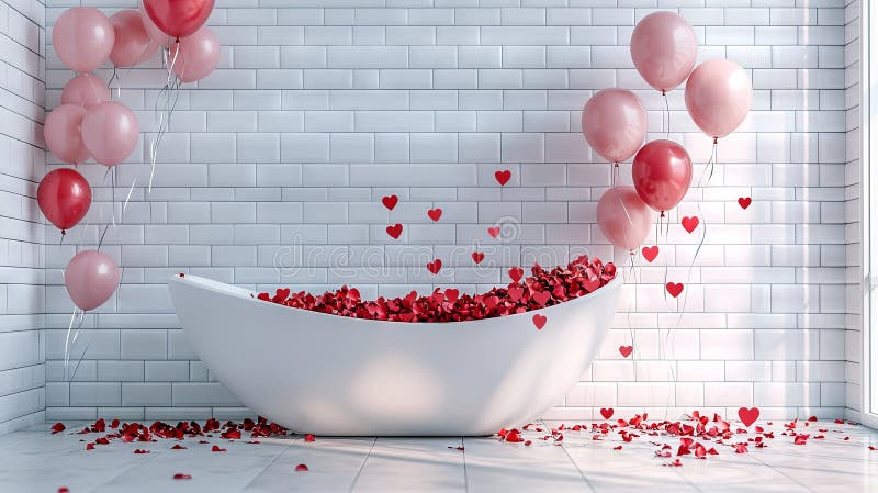 Vasca romantica con petali di rosa rossa e palloncini rosa in un bagno bianco spaccato per la serenità e immagine stock