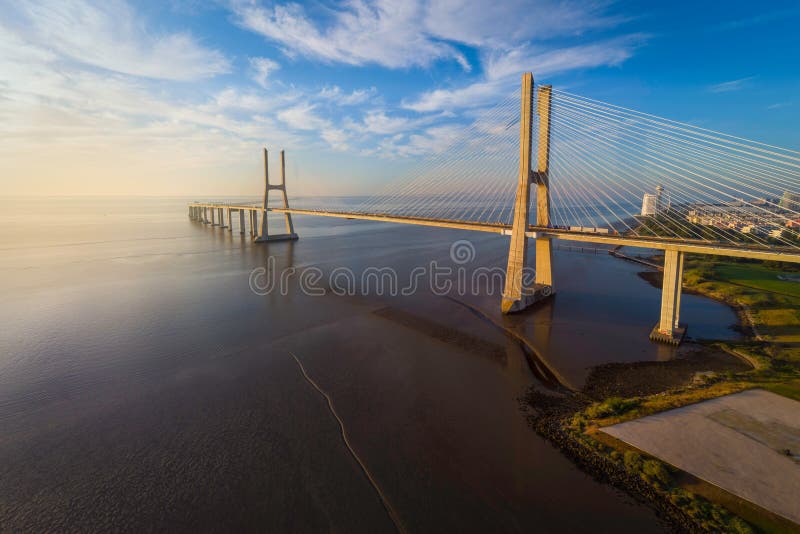 Vasco Da Gama Bridge Lisbon At Sunrise Stock Image Image Of Long