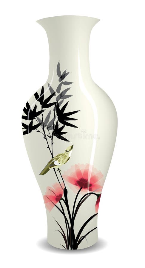 Vase avec le dessin chinois d'oiseau de fleur de style d'encre illustration de vecteur Vase avec le dessin chinois d'oiseau de fleur de style d'encre illustration de vecteur