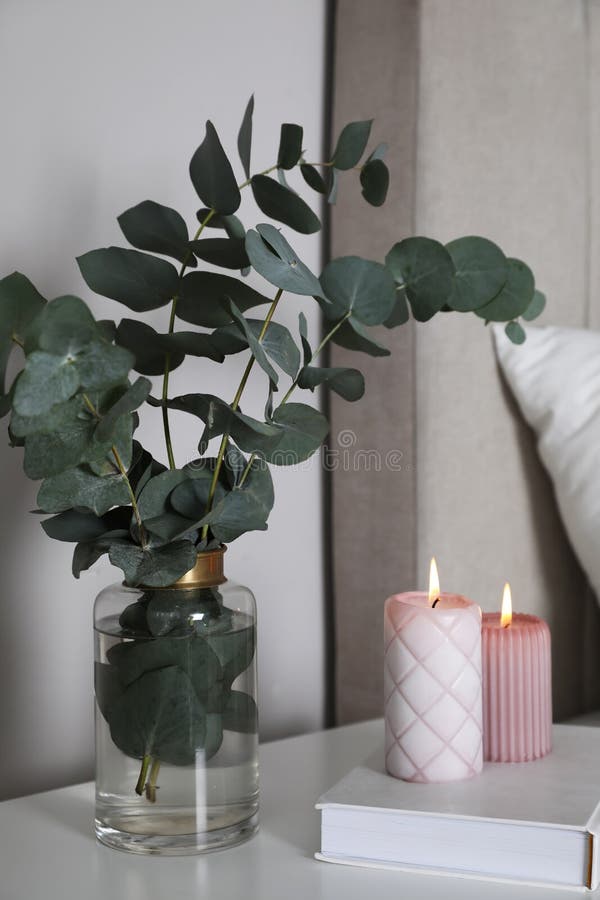 Vase with Beautiful Eucalyptus Branches, Book and Candles on Nightstand