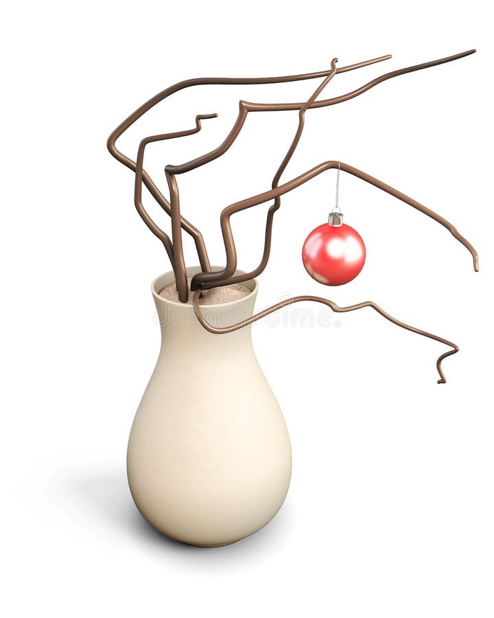 Vase with Christmas Toy on Dry Branches, on White Backg Stock