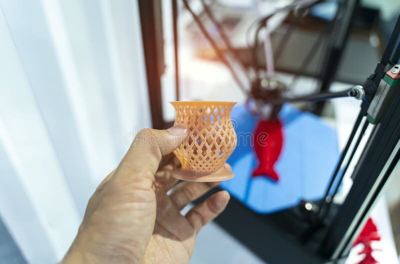 Vase closeup object printed 3d printer close-up. Progressive modern additive technology stock photography