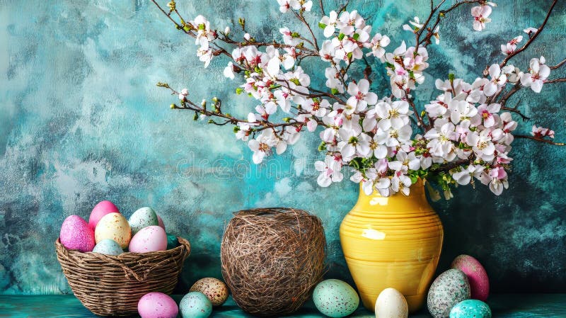 A vase contains minimal Easter decorations, including blossoms and speckled eggs stock photos