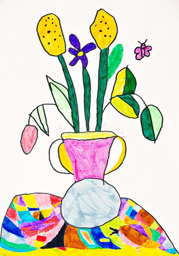 Vase With The Flowers Drawing Stock Image - Image of pencil, pink: 11884705