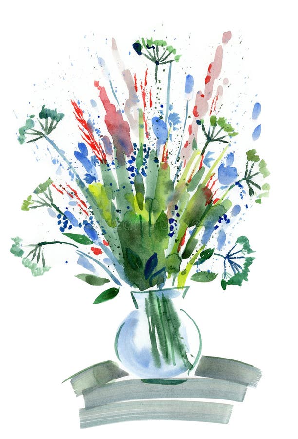 Vase with flowers watercolor drawing vector illustration