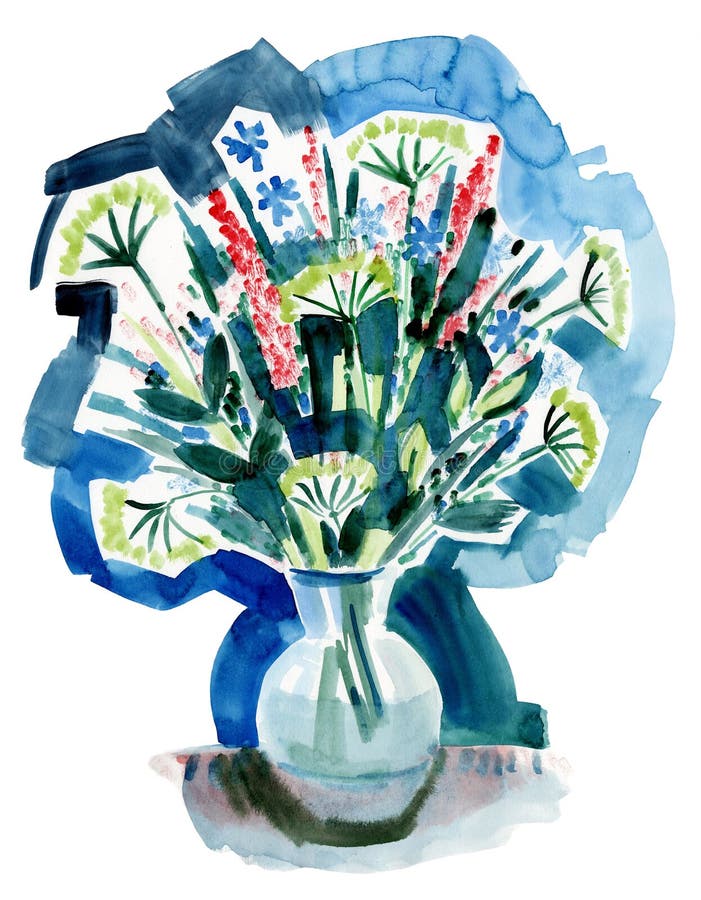 Vase with flowers watercolor drawing stock illustration
