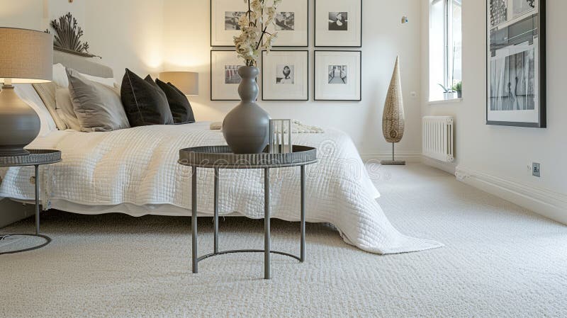 Vase on metal table and grey lamp in spacious bedroom. Generative Ai royalty free illustration