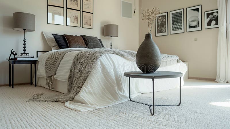 Vase on metal table and grey lamp in spacious bedroom. Generative Ai royalty free illustration