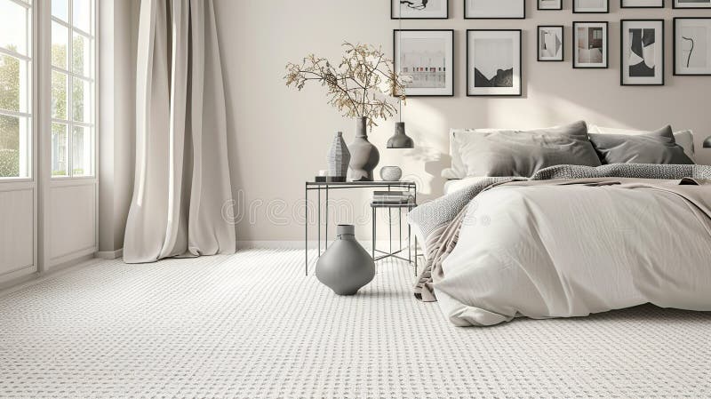 Vase on metal table and grey lamp in spacious bedroom. Generative Ai stock illustration