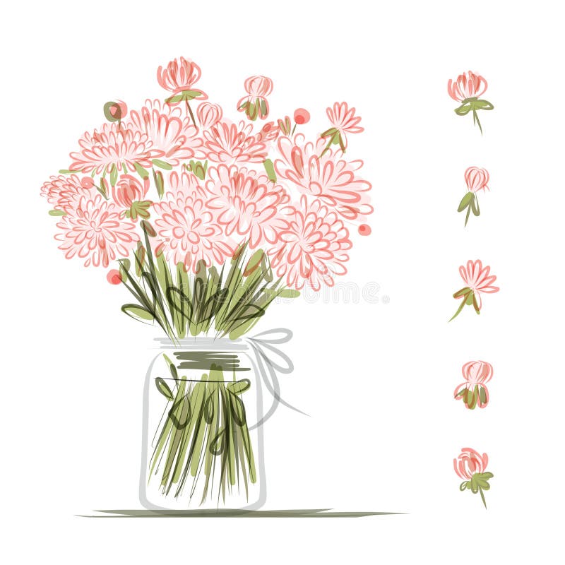 Vase with pink flowers, sketch for your design