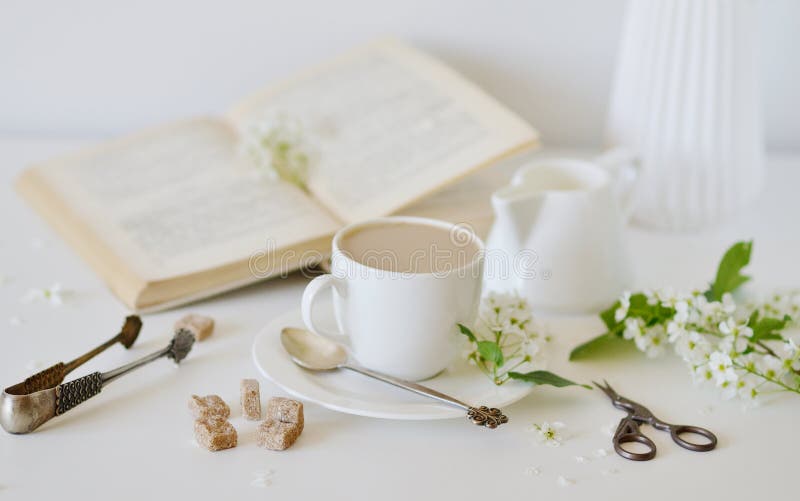 Vase with White Flowers Bird Cherry Tree, Morning, Cup with Coffee, Old Book