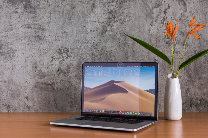 Vase à ordinateurs et à fleurs de Macbook sur la table en bois image libre de droits Vase à ordinateurs et à fleurs de Macbook sur la table en bois image libre de droits