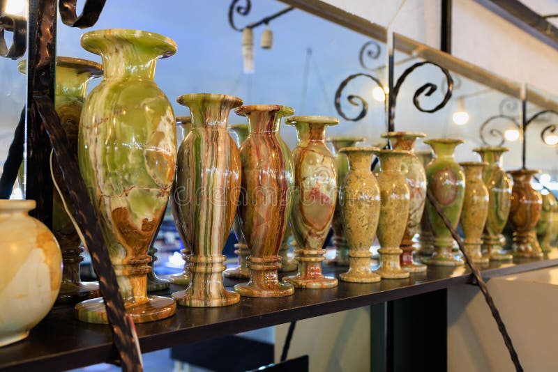 Vases Made of Natural Stone. Background with Selective Focus and Copy