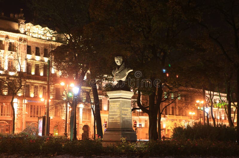Vasily Zhukovsky bust in the Alexander Garden at night. St. Petersburg, Russia stock image Vasily Zhukovsky bust in the Alexander Garden at night. St. Petersburg, Russia stock image