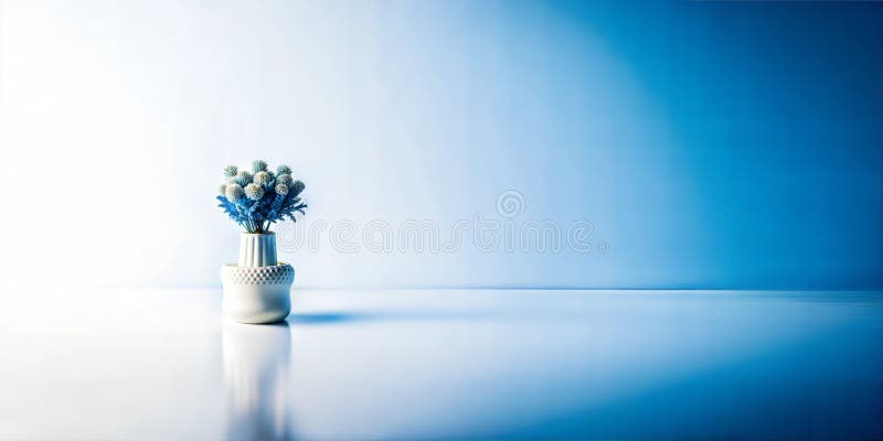 Vaso bianco minimalista con fiori blu su sfondo sfumato blu. illustrazione vettoriale