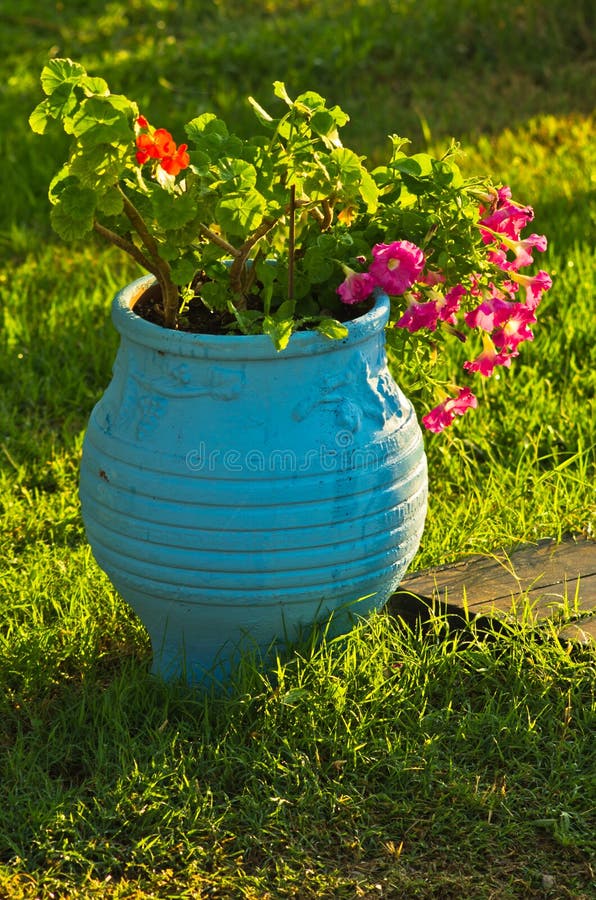 Vaso De Flores No Jardim Mediterrâneo Pequeno Foto de Stock - Imagem de  azul, floral: 47255768