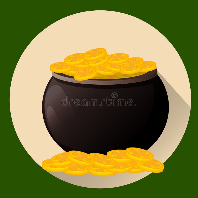 Vaso in pieno delle monete dorate per il giorno del ` s di San Patrizio E Illustrazione di vettore, stile piano royalty illustrazione gratis Vaso in pieno delle monete dorate per il giorno del ` s di San Patrizio E Illustrazione di vettore, stile piano royalty illustrazione gratis