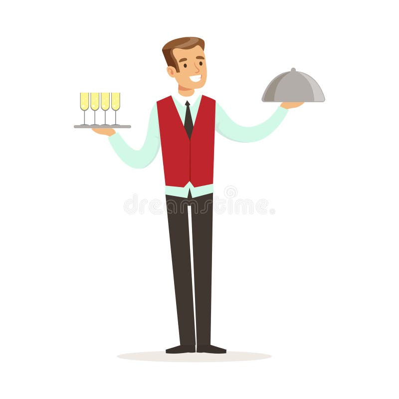 Vassoio maschio sorridente della tenuta del carattere del cameriere con la campana di vetro dell'argento e del champagne, illustr royalty illustrazione gratis Vassoio maschio sorridente della tenuta del carattere del cameriere con la campana di vetro dell'argento e del champagne, illustr royalty illustrazione gratis