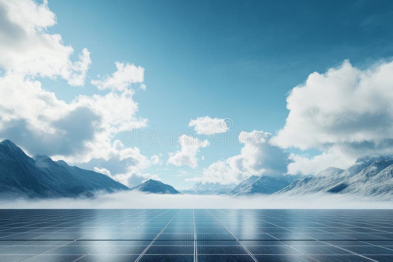 A vast array of solar panels beneath a bright, cloudy sky stock photography