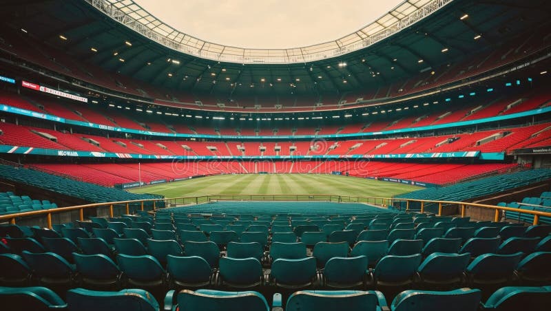 Vast empty stadium with striking red and blue seating, ready for the roar of the crowd and the thrill of a major sporting event royalty free stock image