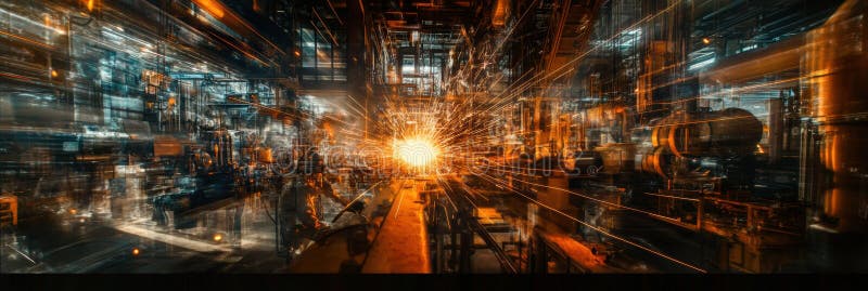 In a vast industrial workshop, workers are actively welding, creating bright sparks and showcasing a dynamic work stock photography