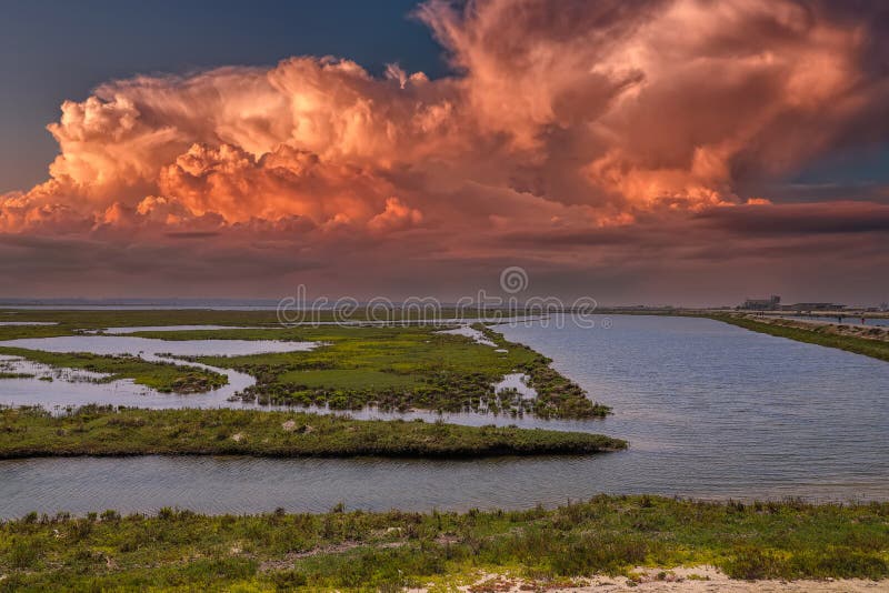 Vast miles of lush green marsh surrounded by deep blue ocean water with powerful clouds at sunset at Bolsa Chica Reserve