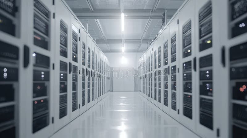 Vast modern data center with illuminated server racks in a symmetrical arrangement and shiny white floors highlighting stock photography