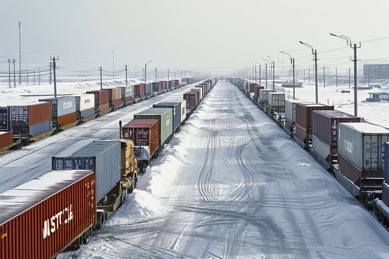 vast, snow-covered container yard with colorful containers under a clear sky, showcasing industrial organization amidst natural elements