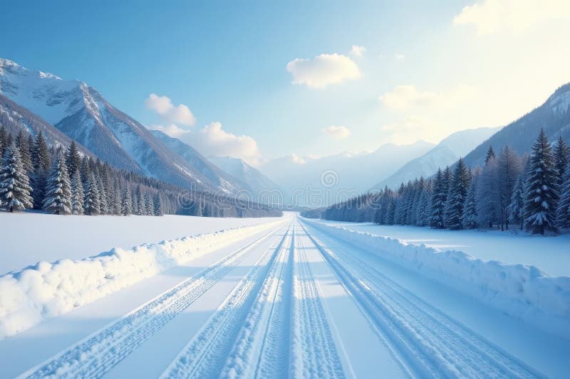 Vast, untouched snow blankets empty road, winter stillness , way, nature, white royalty free illustration