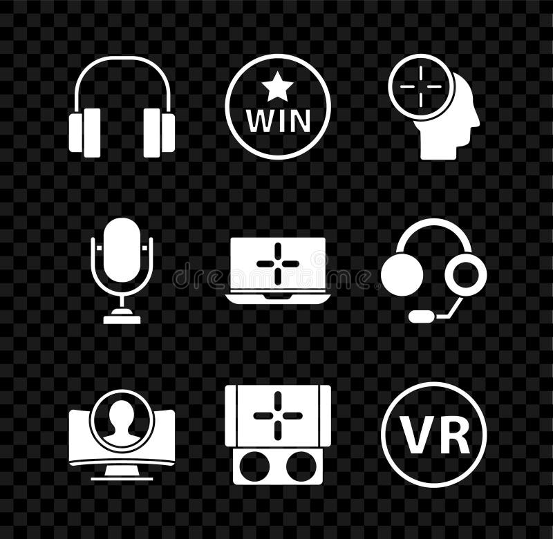 Set Headphones Medal hunting concept Create account screen Portable video game console Virtual reality glasses Microphone and Laptop icon. Vector. Set Headphones Medal hunting concept Create account screen Portable video game console Virtual reality glasses Microphone and Laptop icon. Vector.