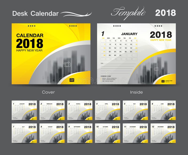 Vastgesteld het malplaatjeontwerp van de Bureaukalender 2018, Gele dekking vector illustratie Vastgesteld het malplaatjeontwerp van de Bureaukalender 2018, Gele dekking vector illustratie