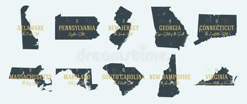 Vastgesteld 1 van 5 zeer gedetailleerde vectorsilhouetten van de staatskaarten van de V.S. met namen en gebiedsbijnamen