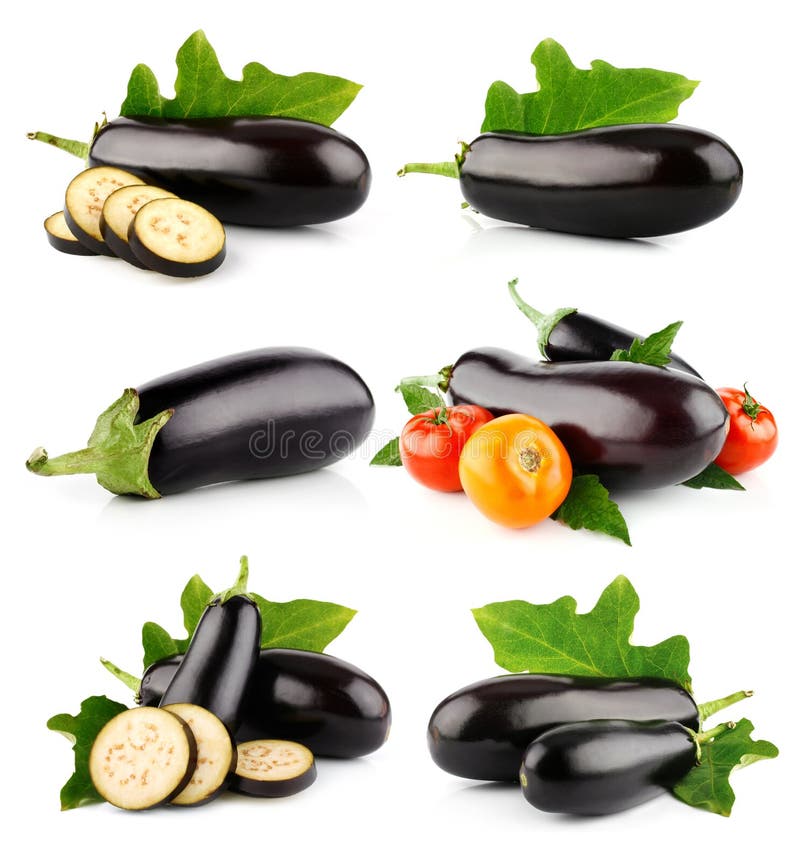 Vastgestelde aubergine plantaardige vruchten die op wit worden geïsoleerd stock afbeeldingen Vastgestelde aubergine plantaardige vruchten die op wit worden geïsoleerd stock afbeeldingen