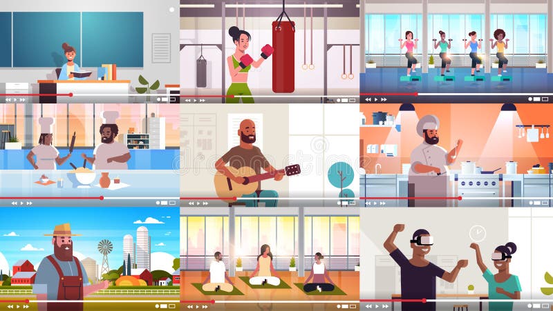Vastgestelde bloggers die online video-bloggers opnemen en live streaming broadcast social media networking blogconcept laten zie stock illustratie Vastgestelde bloggers die online video-bloggers opnemen en live streaming broadcast social media networking blogconcept laten zie stock illustratie