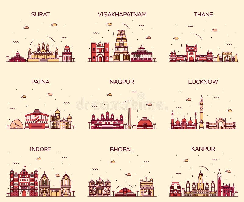 Vastgestelde Indische lineaire steden vectorillustratie royalty-vrije illustratie Vastgestelde Indische lineaire steden vectorillustratie royalty-vrije illustratie