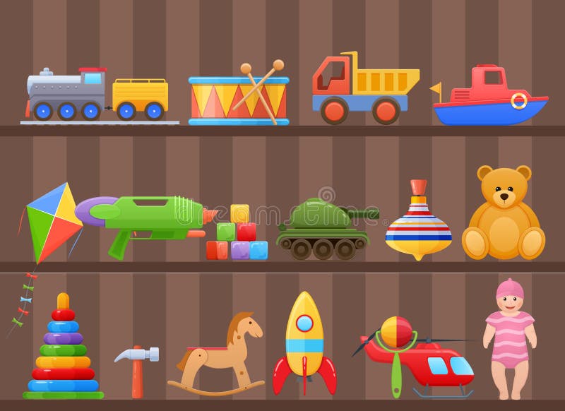 Vastgestelde kleurrijke jonge geitjes, het beeldverhaal van het kinderen` s speelgoed, op plank van kabinet stock illustratie Vastgestelde kleurrijke jonge geitjes, het beeldverhaal van het kinderen` s speelgoed, op plank van kabinet stock illustratie