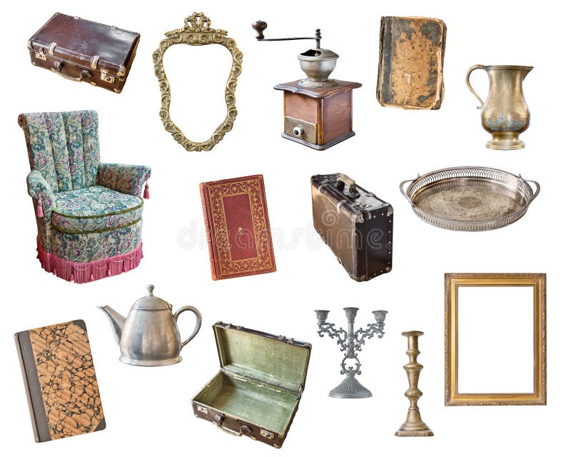 Vastgestelde oude die punten op witte achtergrond worden geïsoleerd Koffer, stoel, omlijstingen, boeken, koffiemolen, kandelaars, royalty-vrije stock afbeeldingen Vastgestelde oude die punten op witte achtergrond worden geïsoleerd Koffer, stoel, omlijstingen, boeken, koffiemolen, kandelaars, royalty-vrije stock afbeeldingen