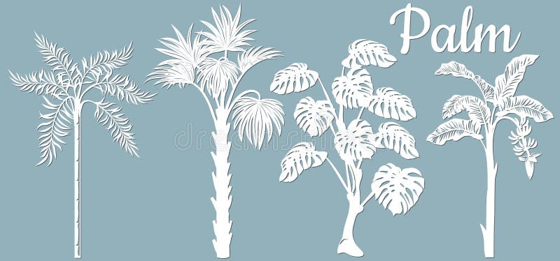 Vastgestelde tropische palmbomen, papierbomen Een boomstam met bladeren Het silhouet van palmbomen Voor het slingeren en lasersni