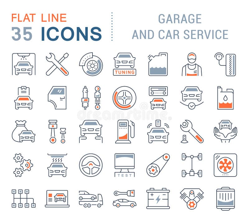 Vastgestelde Vectorlijnpictogrammen van Garage en Auto de Dienst stock illustratie Vastgestelde Vectorlijnpictogrammen van Garage en Auto de Dienst stock illustratie