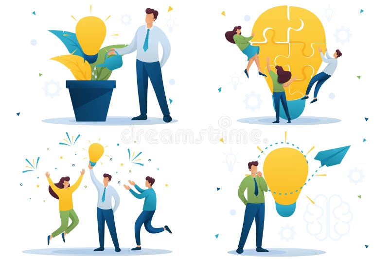 Vastgestelde Vlakke 2D concepten om nieuwe ideeën, bedrijfs opstarten tot stand te brengen Bedrijfsideeën in Brainstorm Voor Conc stock illustratie Vastgestelde Vlakke 2D concepten om nieuwe ideeën, bedrijfs opstarten tot stand te brengen Bedrijfsideeën in Brainstorm Voor Conc stock illustratie