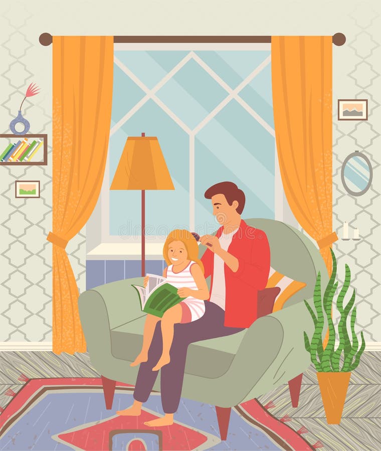 Vater, der das Haar seiner Tochter bürstet. Frohe Familienkinderbetreuungskonzept vektor abbildung